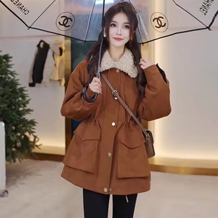厂家直销欧货加厚收腰棉衣女25秋冬中长款宽松棉鹿皮绒派克服外套