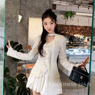 ZY GODDESS-版氛围感荷叶边v领轻薄透气长袖T桖小衫(飘带不可拆)