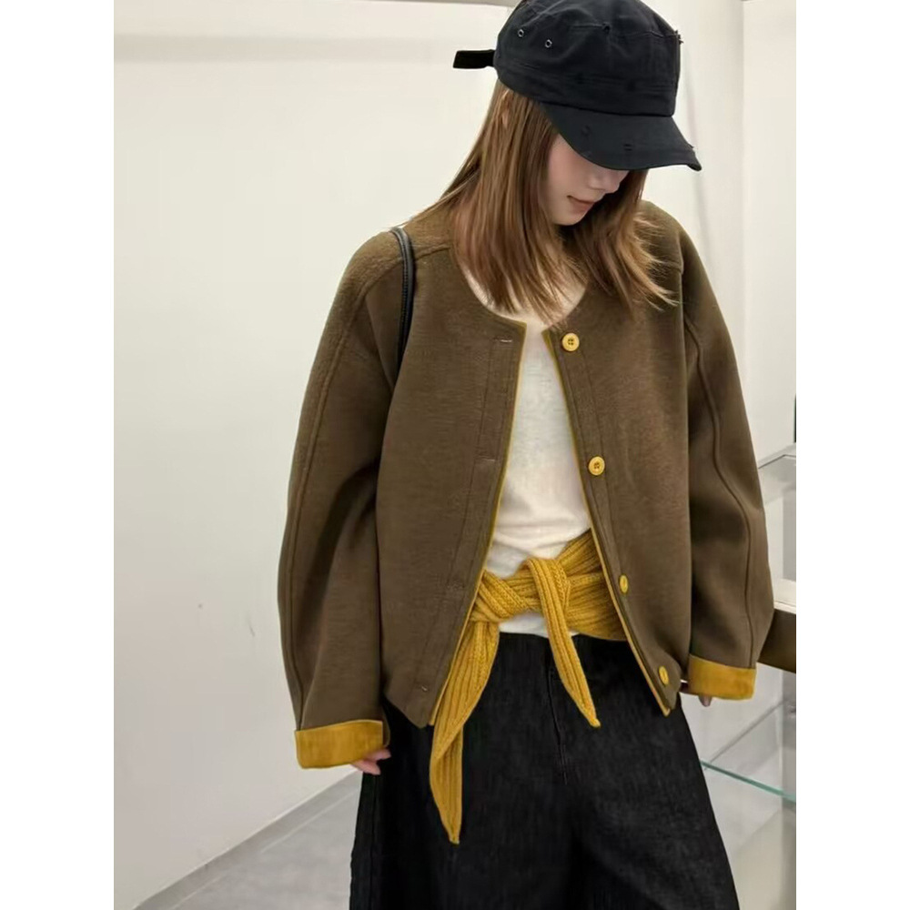 韩系撞色小香风毛呢圆领短外套女2025秋冬新款宽松显瘦百搭上衣潮