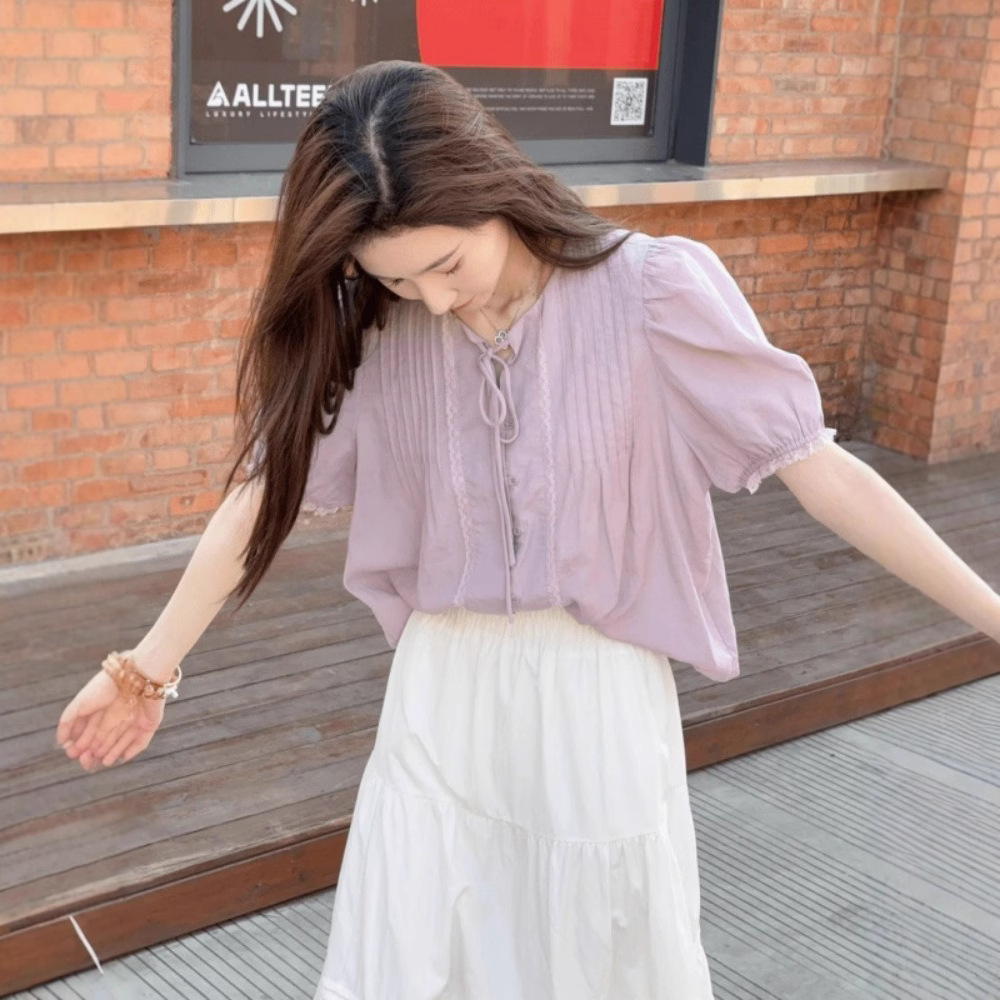 紫色温柔系短袖气质衬衫女2025夏季新款显瘦衬衣独特超好看上衣潮