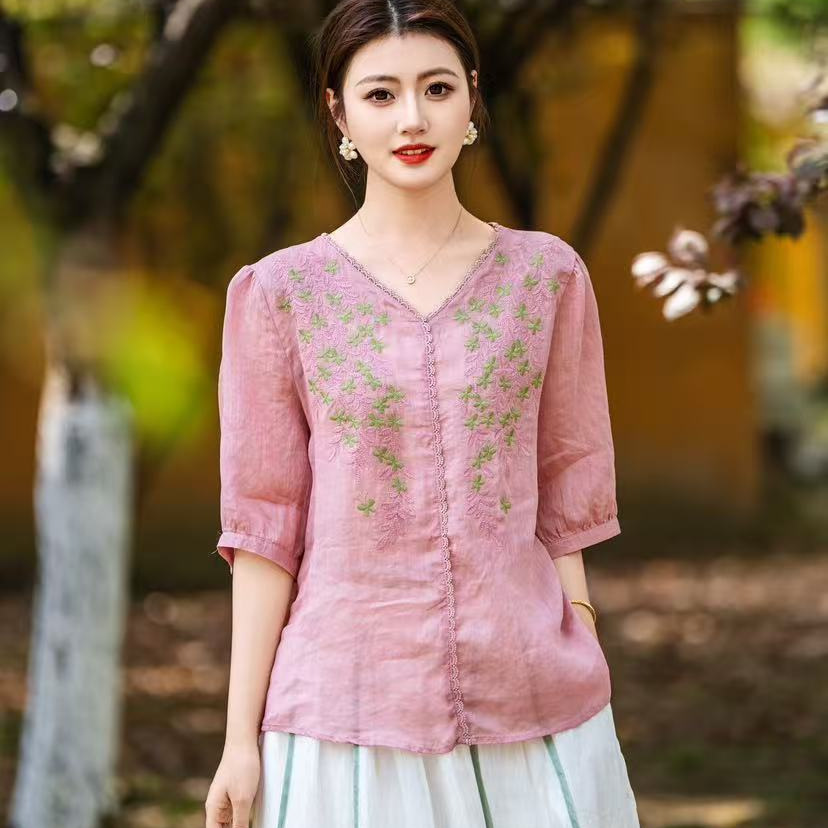 25年夏款苎麻小衫女刺绣国风民族风衬衣半袖薄款透气上衣短袖显瘦