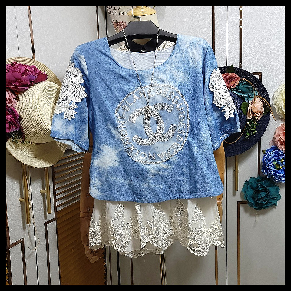 韩系减龄蕾丝花边牛仔衬衫女夏季复古宽松百搭薄款泡泡袖娃娃上衣