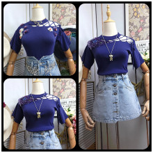 冰丝针织衫针织短袖女2024新款夏季修身显瘦洋气减龄短款抽绳上衣