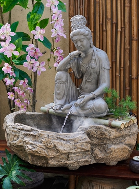 大型造景流水摆件庭院景观水月观音佛像别墅会所禅意空间布置装饰