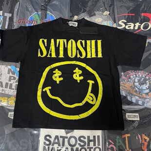Satoshi Nakamoto 美式水洗做旧笑脸字母短袖男女同款宽松圆领T恤