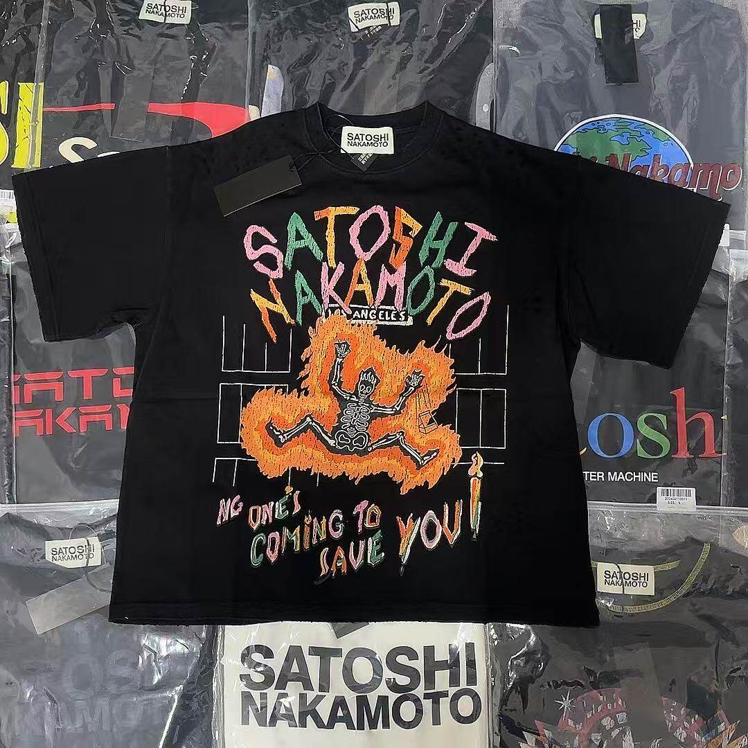 Satoshi Nakamoto 美式水洗做旧字母印花短袖男女同款宽松圆领T恤图片