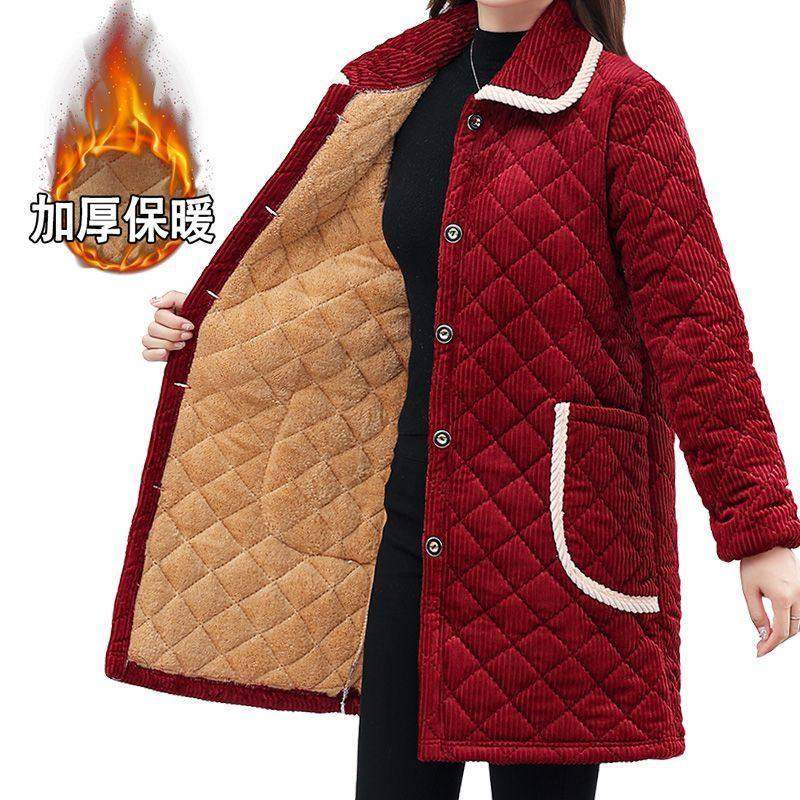 四川省服加绒加厚棉衣外套冬罩衣女外穿保暖过膝棉服中长款妈妈装