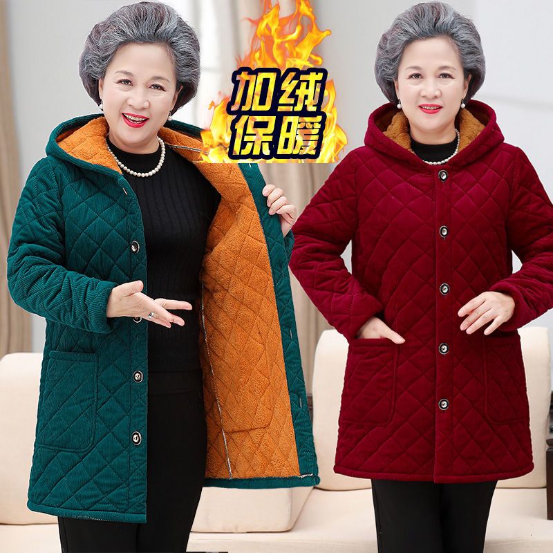 四川省服灯芯绒中老年女冬季加绒棉袄老人妈妈装新款连帽棉衣外套