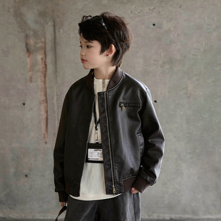 男童皮衣棒球服外套2025新款男大童擦色美式复古秋装上衣帅气夹克