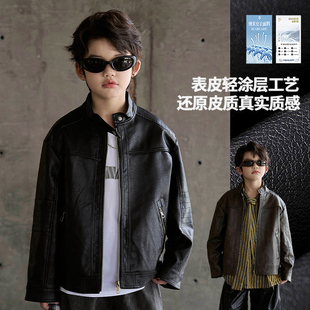 复古立领机车服帅气 美式 男童皮衣外套2025新款 中大童男孩春秋季