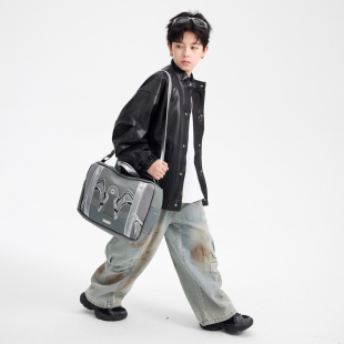 男童春秋痞帅立领机车风皮衣外套2026新款 青少年儿童防风皮夹克潮