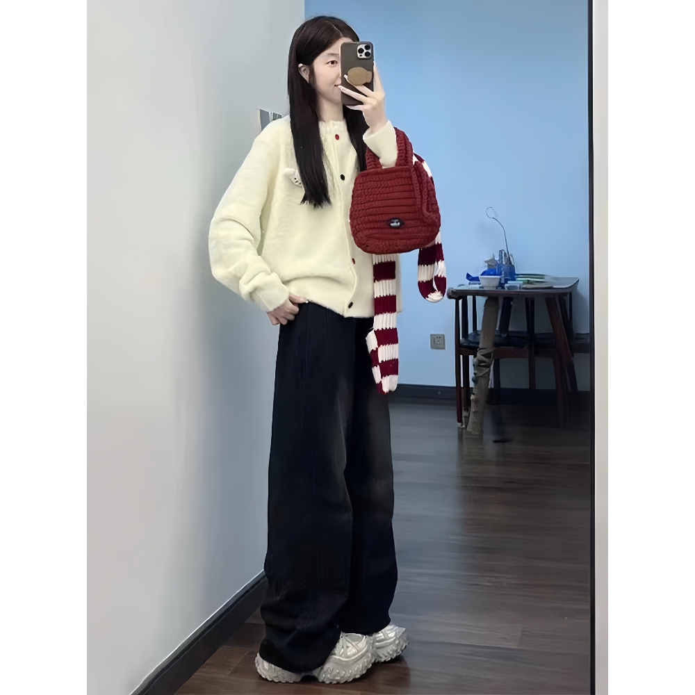 法式温柔风减龄穿搭一整套女秋冬针织开衫外套高腰牛仔裤两件套潮