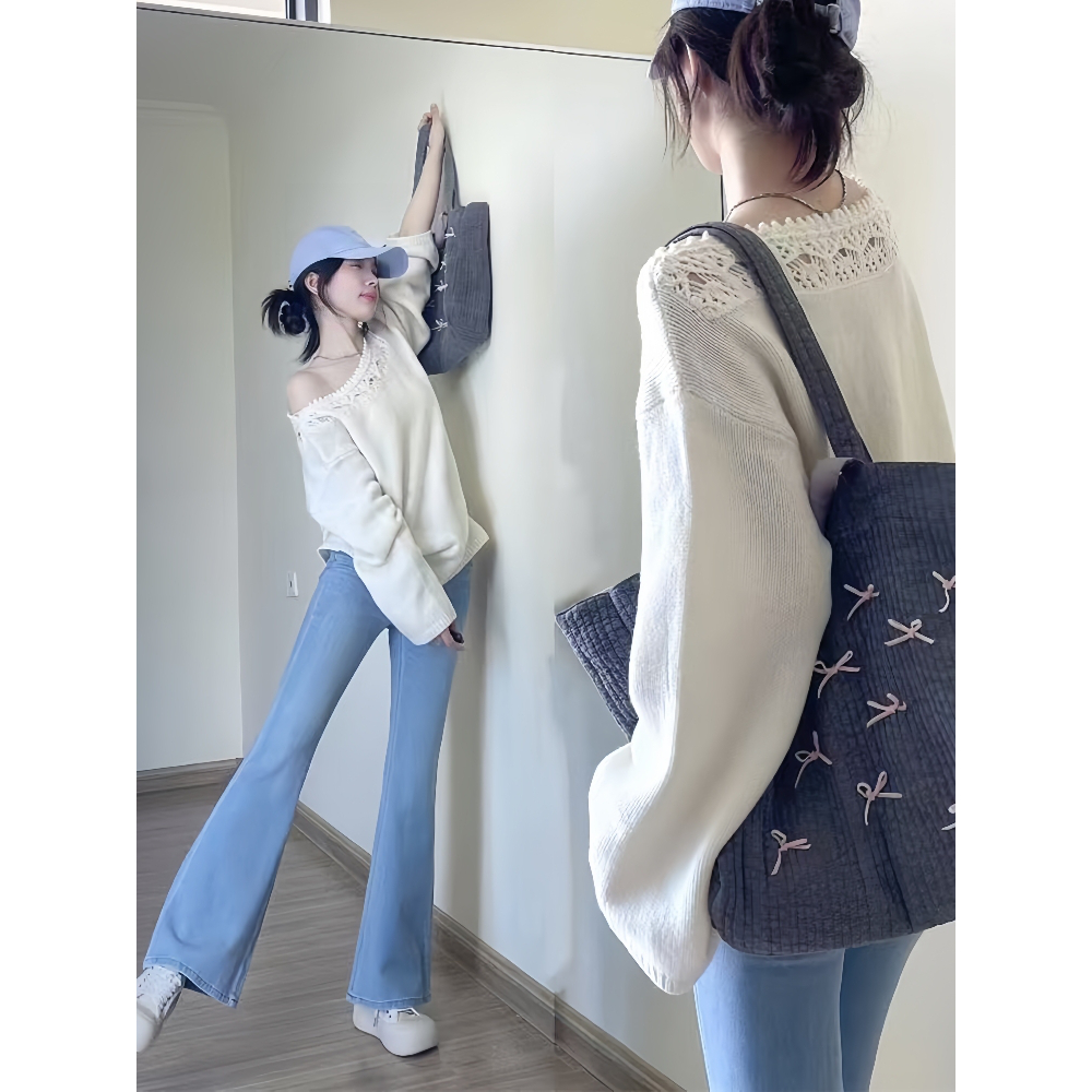 秋装搭配一整套小个子时尚炸街针织开衫毛衣微喇牛仔裤两件套女装