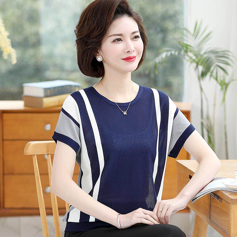 2024新款夏季中年人女装妈妈冰丝短袖夏装套装中老年上衣大码休闲