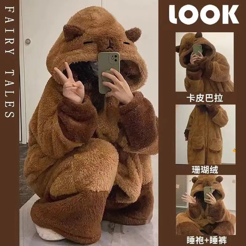 可爱卡通小浣熊珊瑚绒连体睡衣冬季新款小蜜蜂家居服连帽外穿高定
