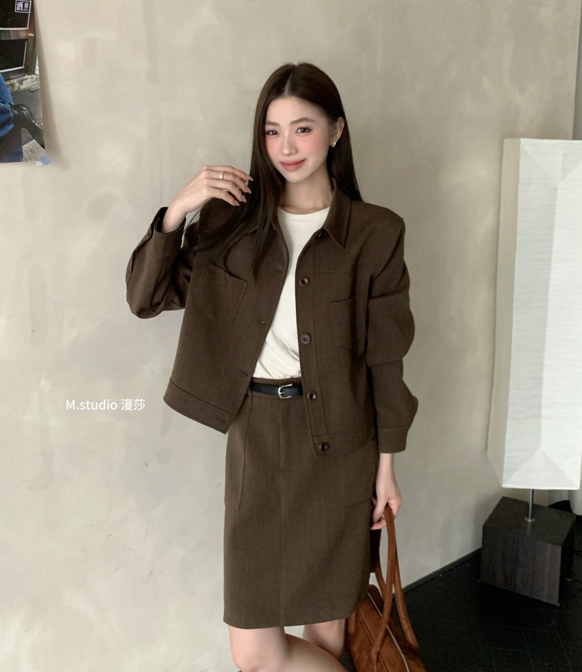 MSTUDIO 复古气质翻领拼皮袖口工装短外套女直筒后松紧腰半裙套装
