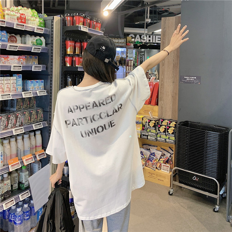 實拍白色短袖恤女夏洋氣新款半袖中長款字母寬鬆圓領慵懶體恤