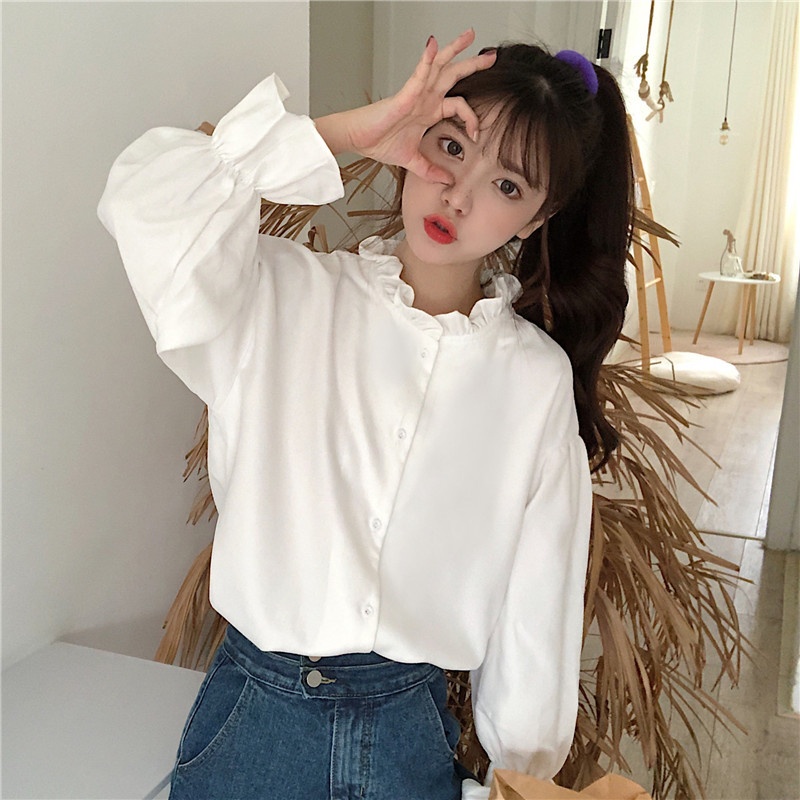 Korean version of girl's Wooden ear edge loose doll's shirt simple long sleeve cardigan shirt autumn student's top