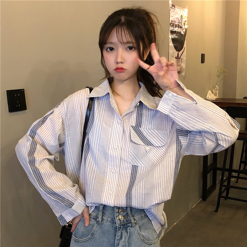 Real shot salt vertical stripe shirt women's cotton Korean retro Hong Kong Style Long Sleeve Japanese top
