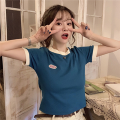 Real shot summer high waist short open navel short sleeve T-shirt women's top