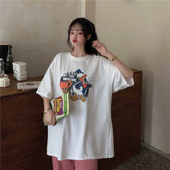 Real Korean casual loose age reducing versatile cartoon printed t-shirt female round neck spring and summer