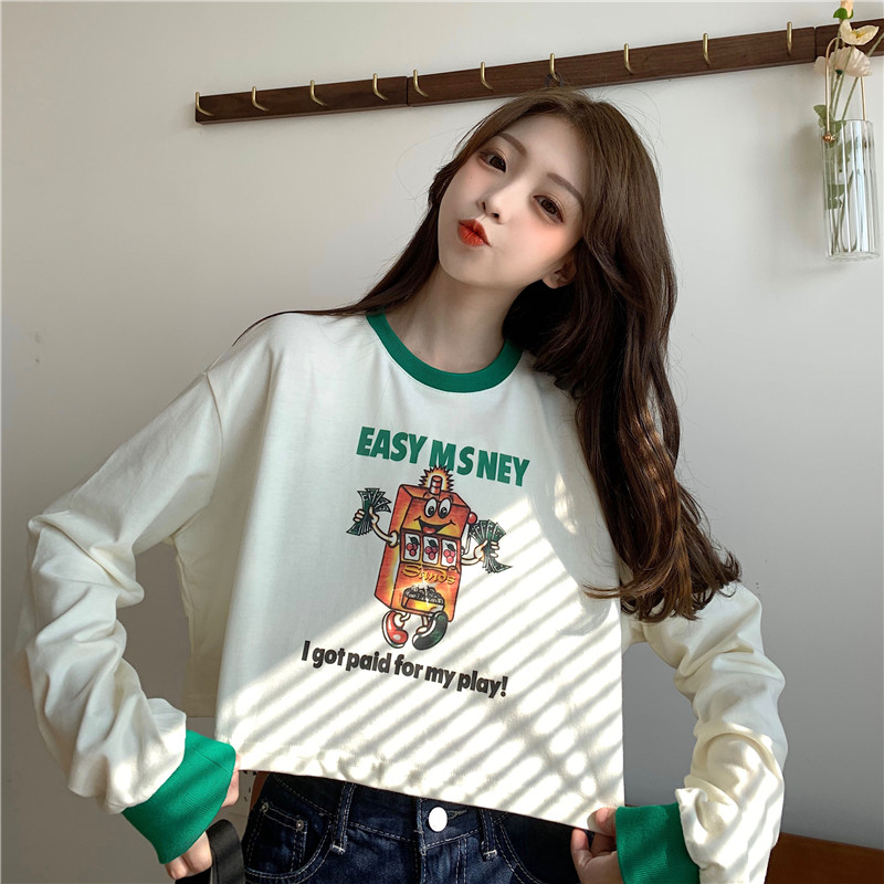 Real shot retro color contrast short long sleeve T-shirt women's Pullover Sweater loose thin