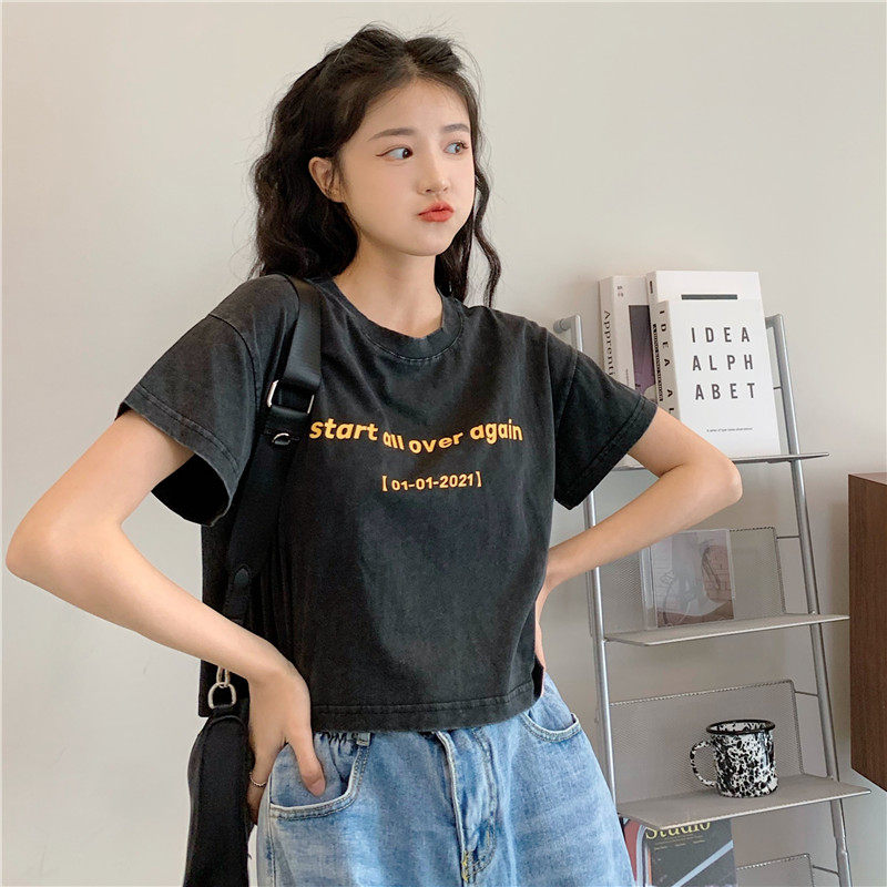 Real shot vintage old letter print T-shirt high waist thin short open navel top women's fashion