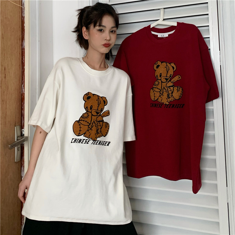 Real shot short sleeve T-shirt bottom coat women's foreign style little bear embroidered top fashion