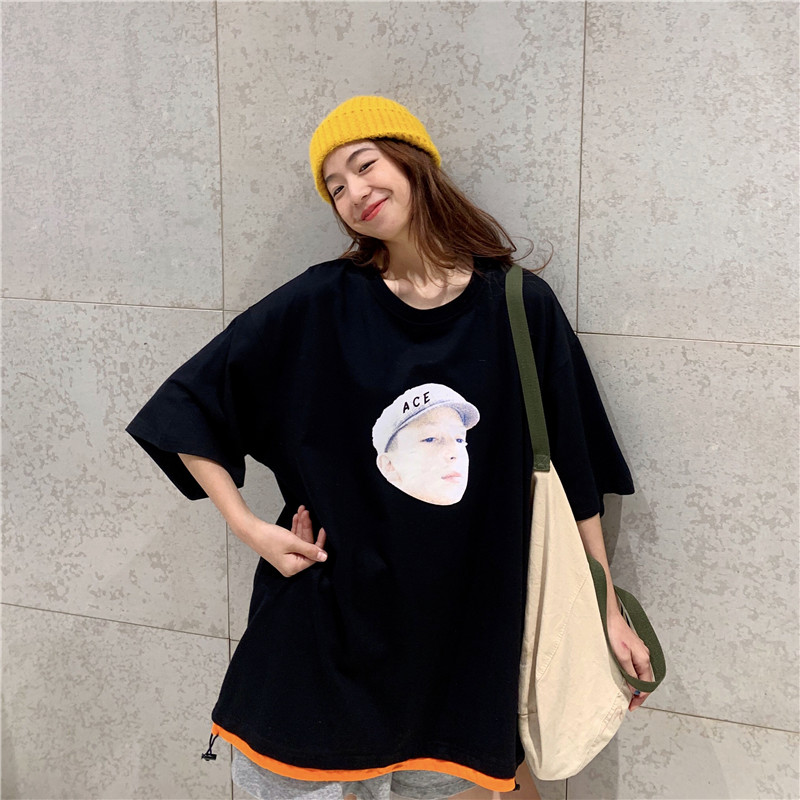 Real T-shirt short sleeve fashion summer Korean student loose large women's mid long half sleeve top