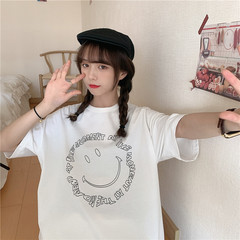 Real shooting summer new white smiley face short sleeve T-shirt for Korean women