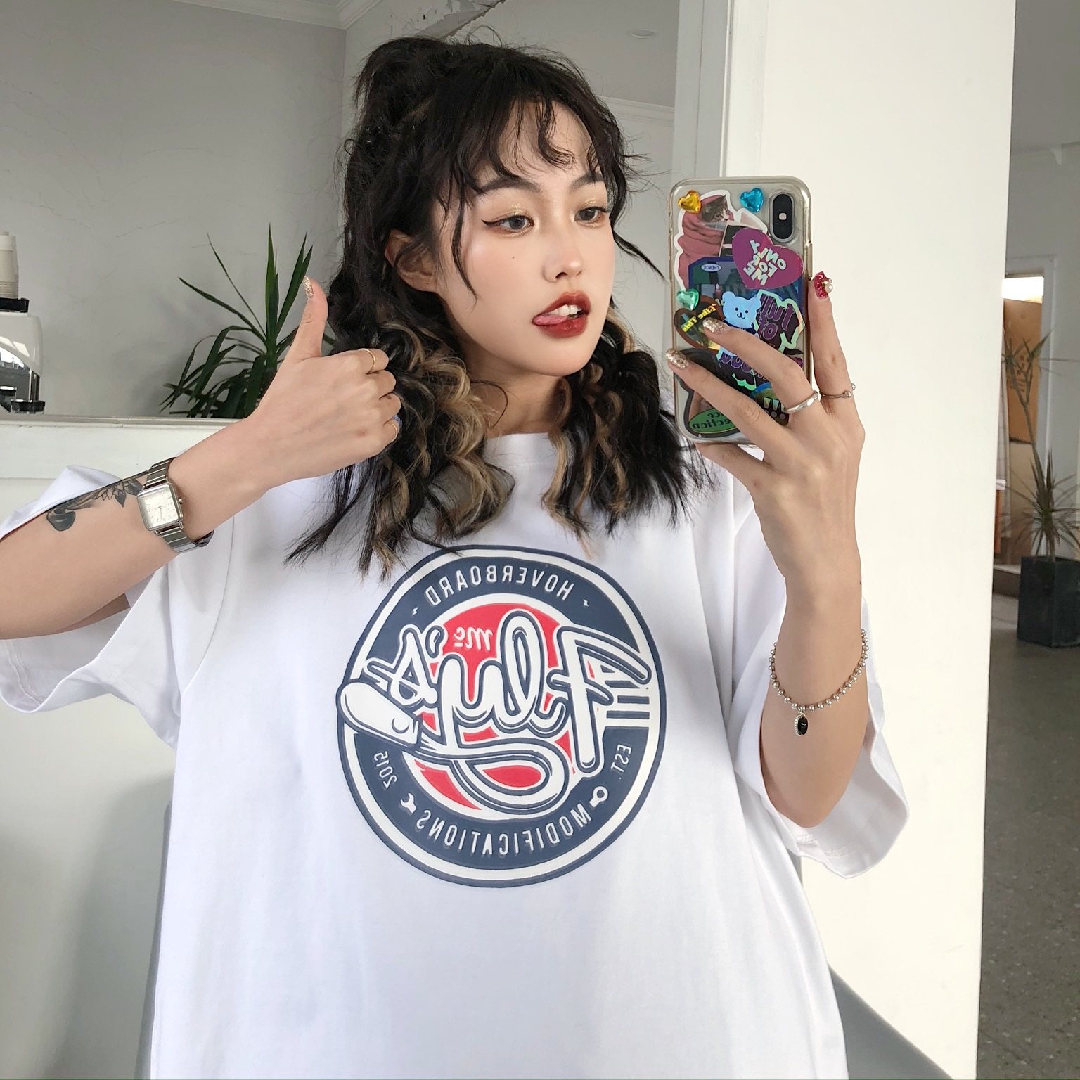 Real shot retro chic Hong Kong Style Short Sleeve T-Shirt women's loose Korean fashion Harajuku BF student half sleeve top
