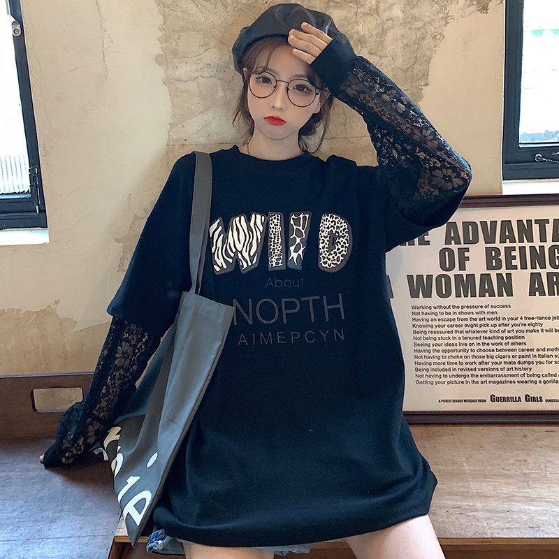 Real photo 2021 new round neck letter printed lace sleeve fake two t-shirts for women