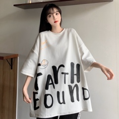 Real Korean lettered print medium sleeve casual T-shirt