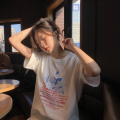 Real shot Korean version simple loose print super fire short sleeve T-shirt women's net red bottom top