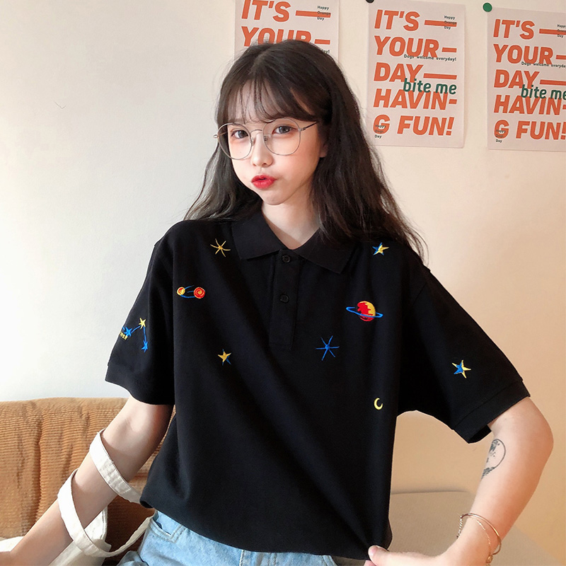 實拍刺繡翻領衫韓版上衣寬鬆短袖恤