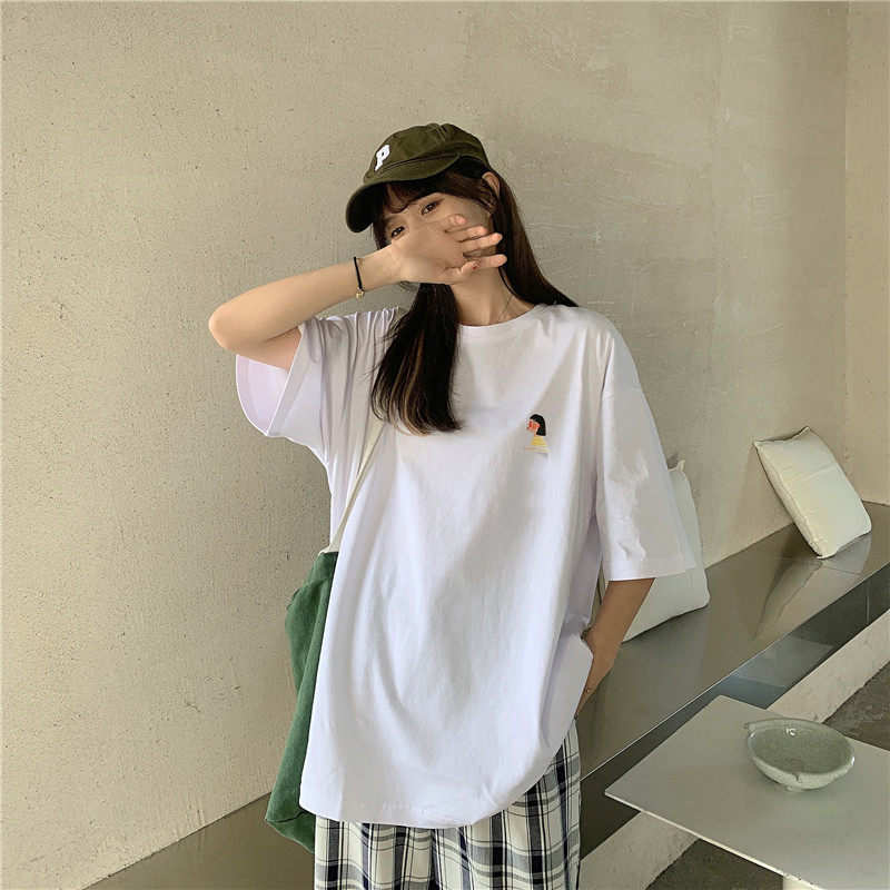 Real shot loose short sleeve women's trendy salt top new Korean versatile design bottom shirt