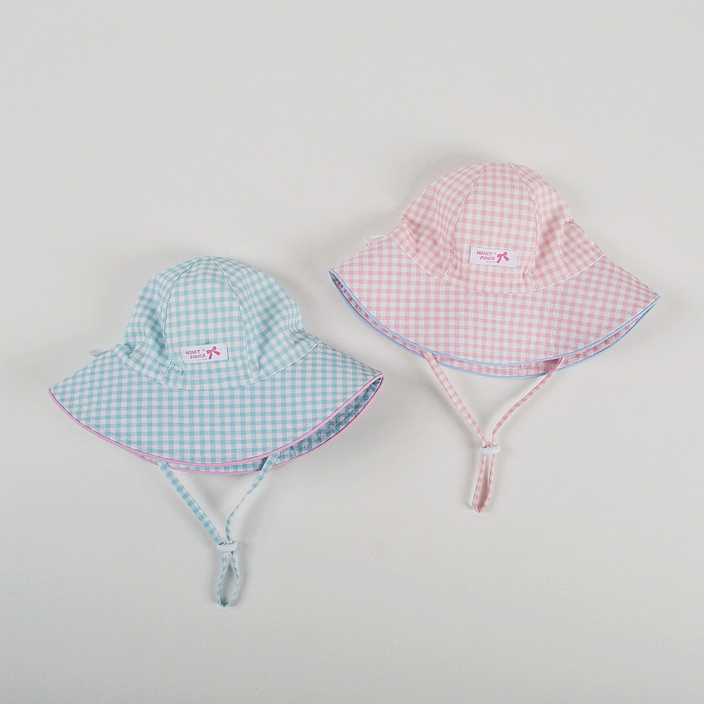 moinmlon春夏新款女童大檐遮阳盆帽清新格子宝宝透气防晒太阳帽