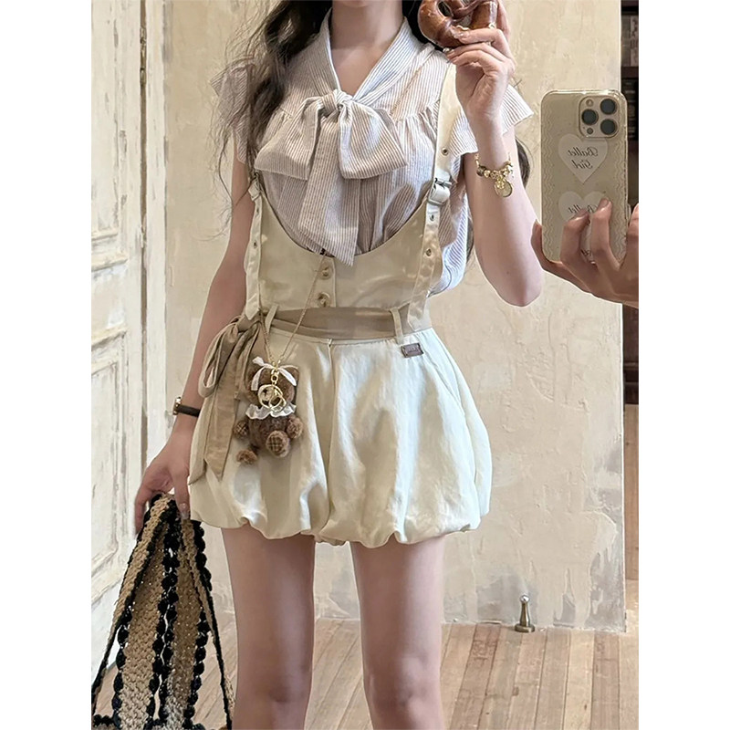 蝴蝶结衬衫背带花苞短裤两件套女