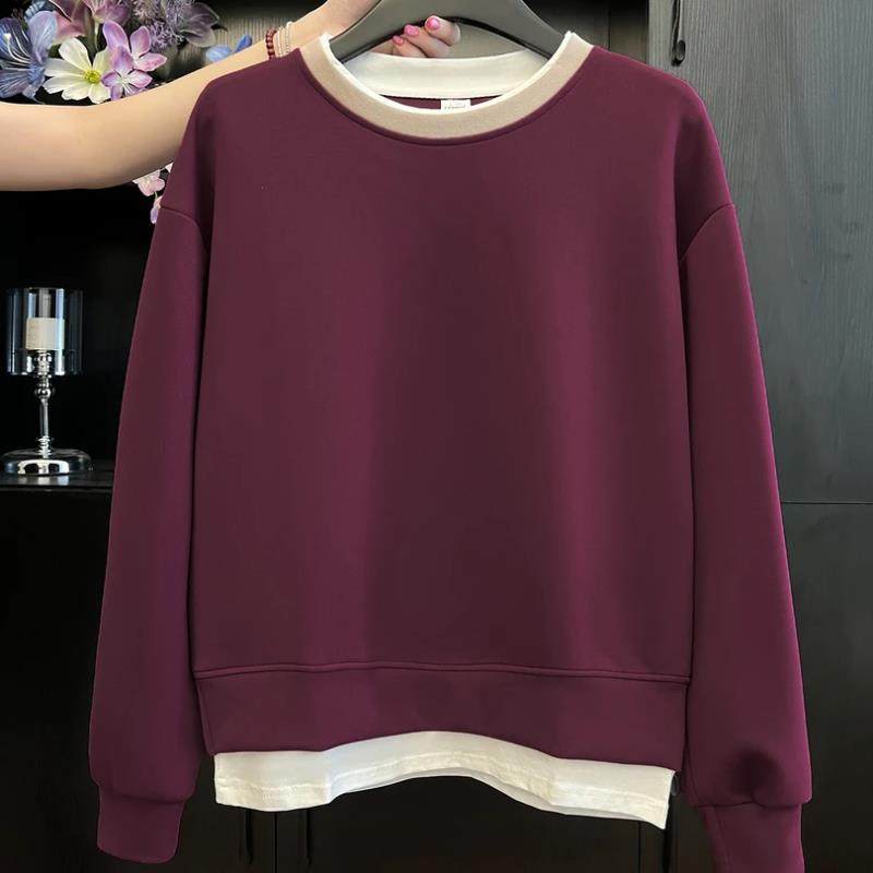 撞色假两件圆领卫衣女2025秋冬新款宽松遮肉显瘦上衣休闲百搭外套,女装/女士精品,卫衣/绒衫,淘宝优惠券,粉丝福利购,淘宝优惠卷