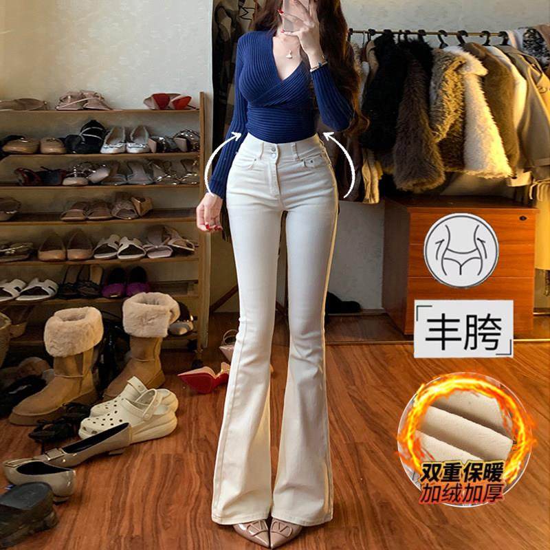 李李服饰加绒米白色双扣丰胯紧身微喇牛仔裤女2025冬季新款长裤子,女装/女士精品,牛仔裤,淘宝优惠券,粉丝福利购,淘宝优惠卷