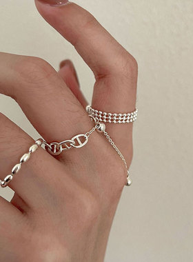 韩版S925银创意抽拉小巧戒指女复古时尚花朵链条流苏猪鼻子食指环