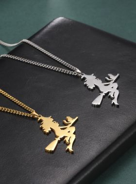 跨境欧美热销嘻哈天际巫师扫帚猫毛衣链18K真金电镀钛钢首饰