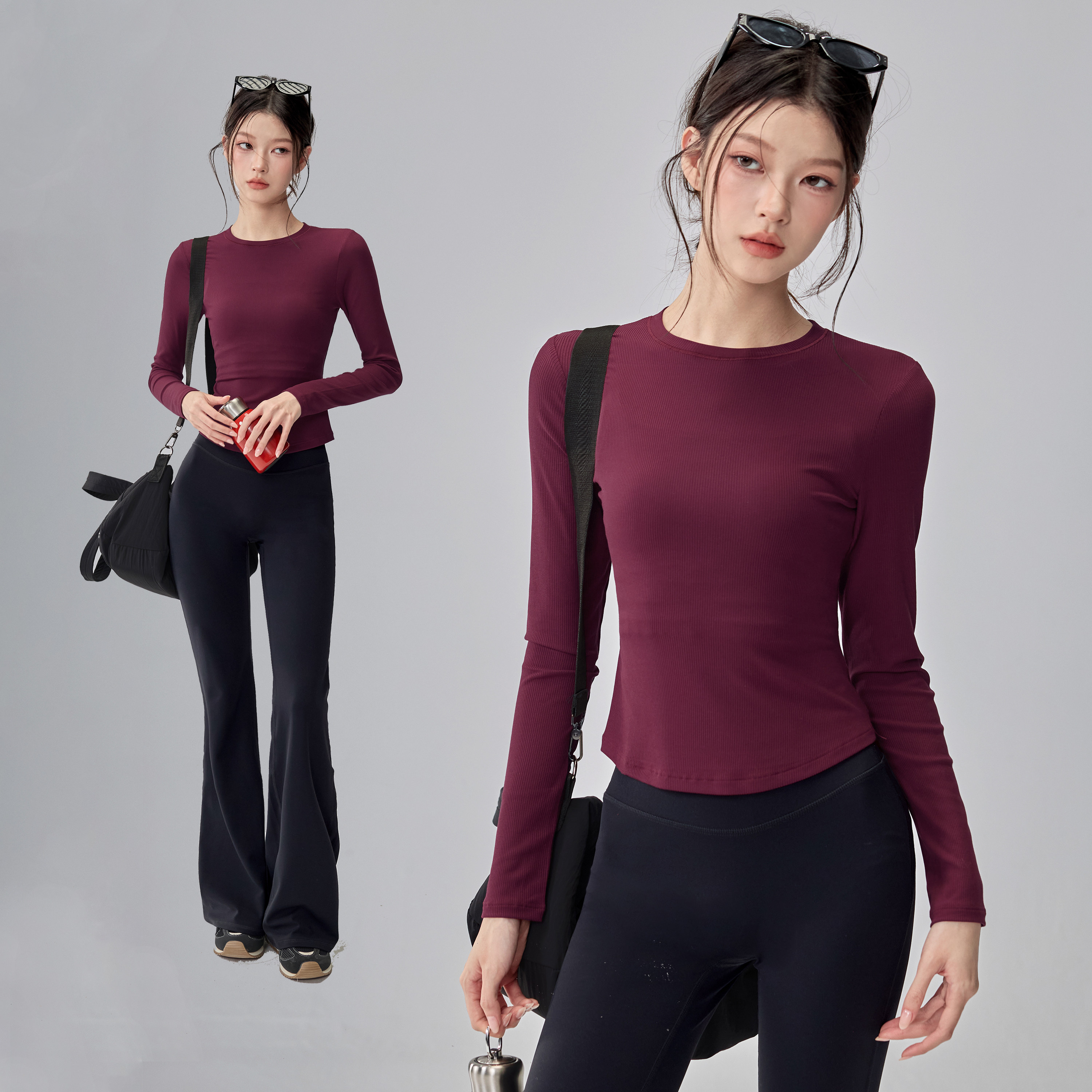 弹力运动T恤女天丝莫代尔螺纹瑜伽服紧身显瘦跑步健身长袖上衣新,运动服/休闲服装,运动T恤,淘宝优惠券,粉丝福利购,淘宝优惠卷