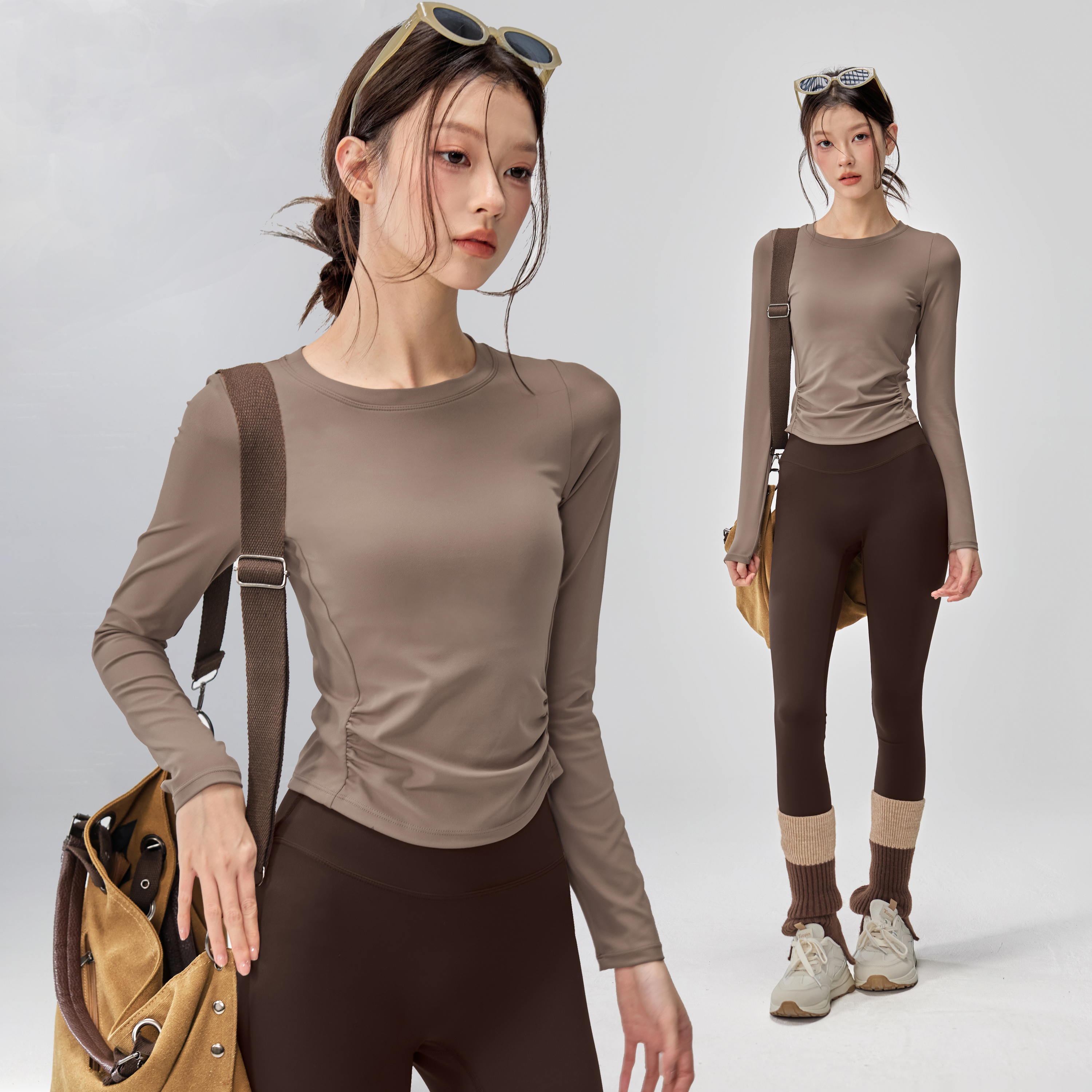 带胸垫弹力修身显瘦运动T恤女