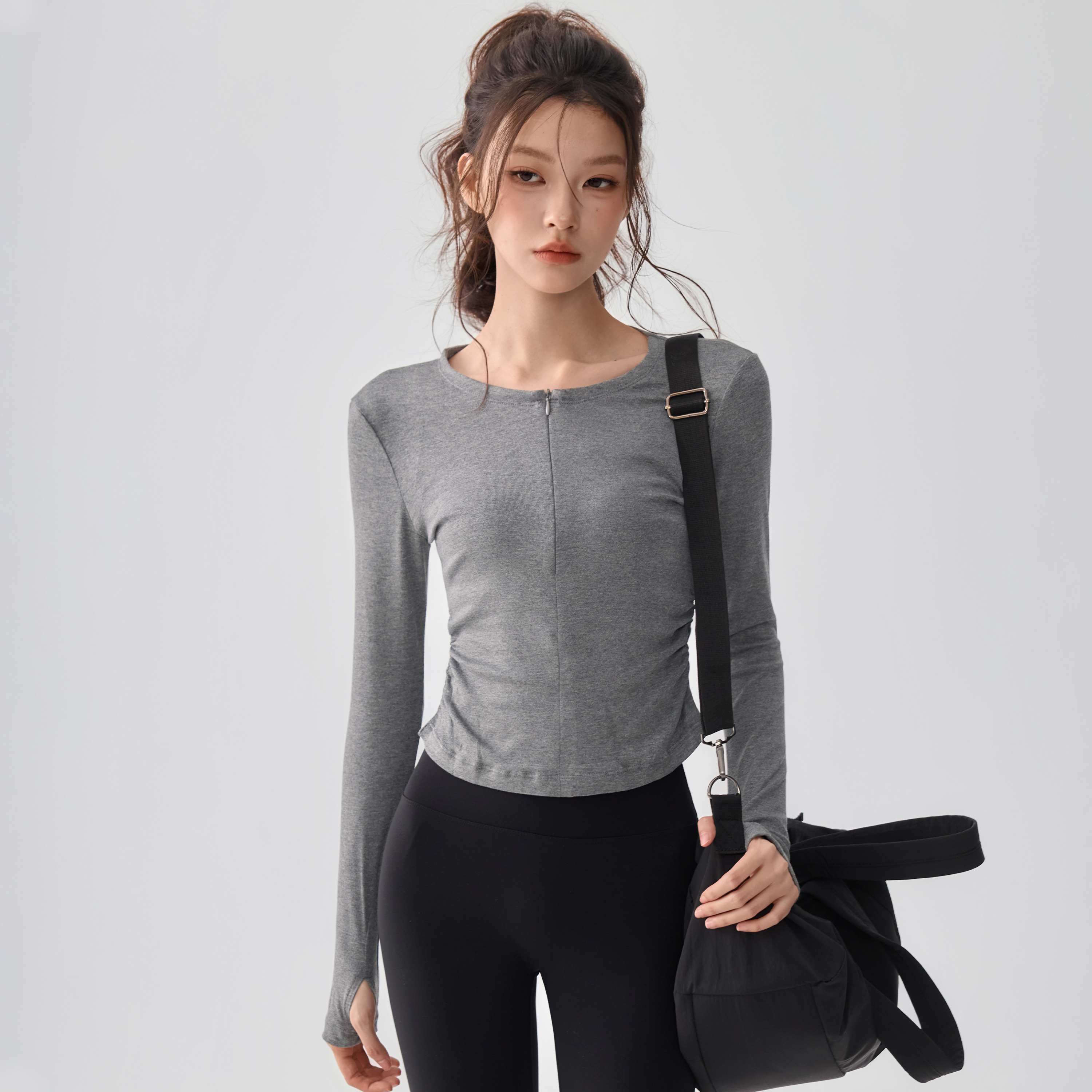 瑜伽服长袖修身显瘦带拉链T恤女