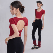 女镂空美背休闲时髦上衣修身 运动短袖 健身普拉提跑步T恤 新款 春季