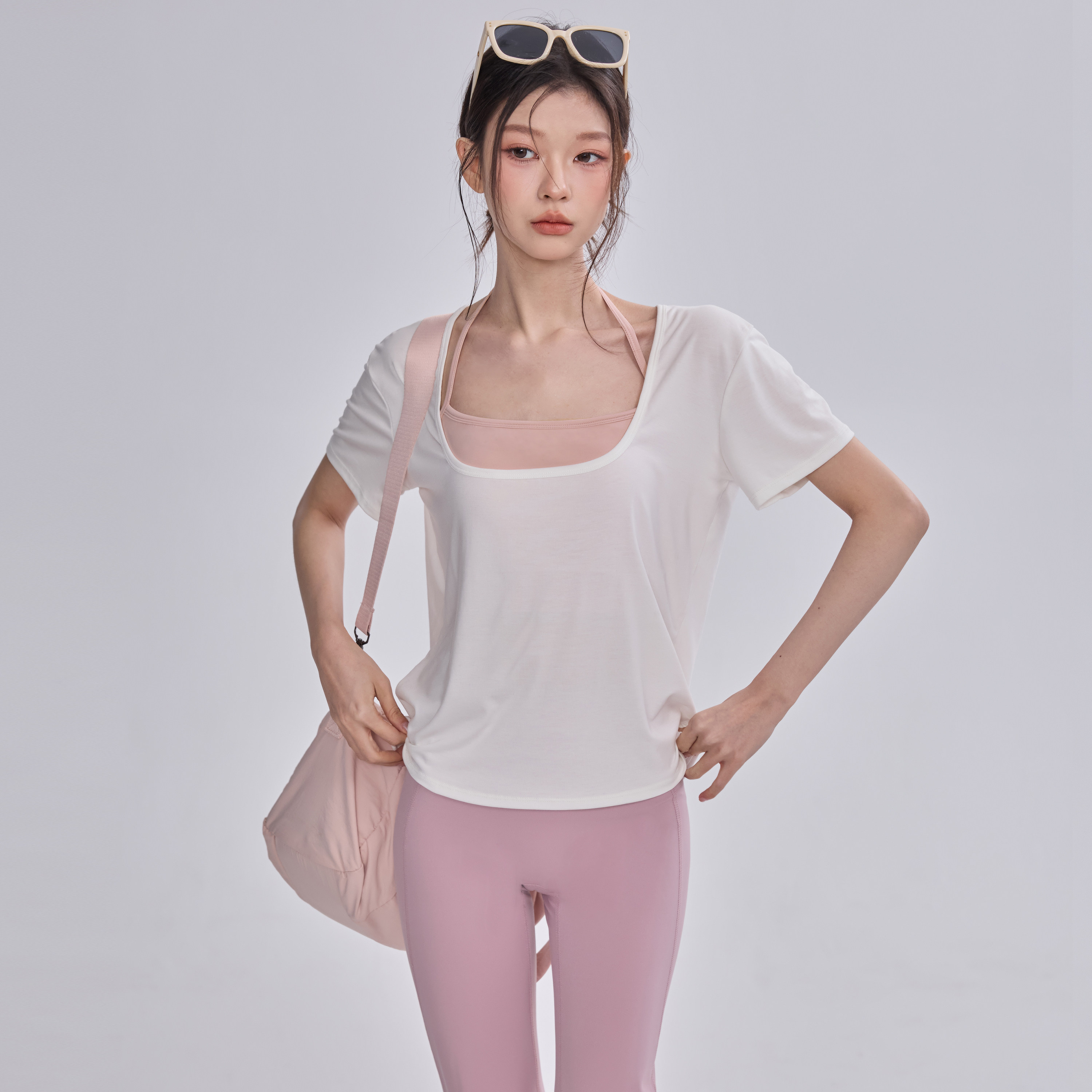 叠穿真两件罩衫透气速干运动短袖女带胸垫美背背心普拉提瑜珈服夏