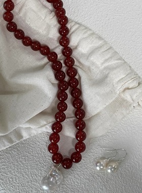 高级感纯银红玛瑙大巴珍珠项链