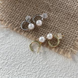 耳环纯银镀白金塞扣防掉轻奢高级感银镀金18K淡水珍珠钢炮C形耳饰