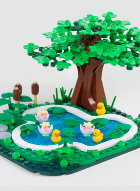 适配乐高积木荷花池塘树下莲花鸭群戏水乡村场景MOC拼装积木玩具